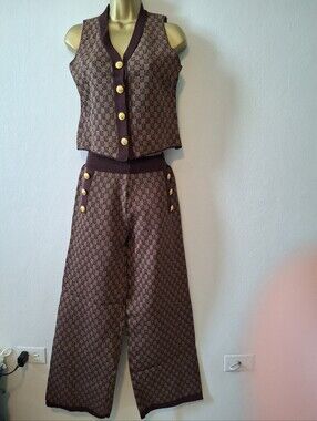 Brown Patterned Wide-Leg Pants & Vest Set